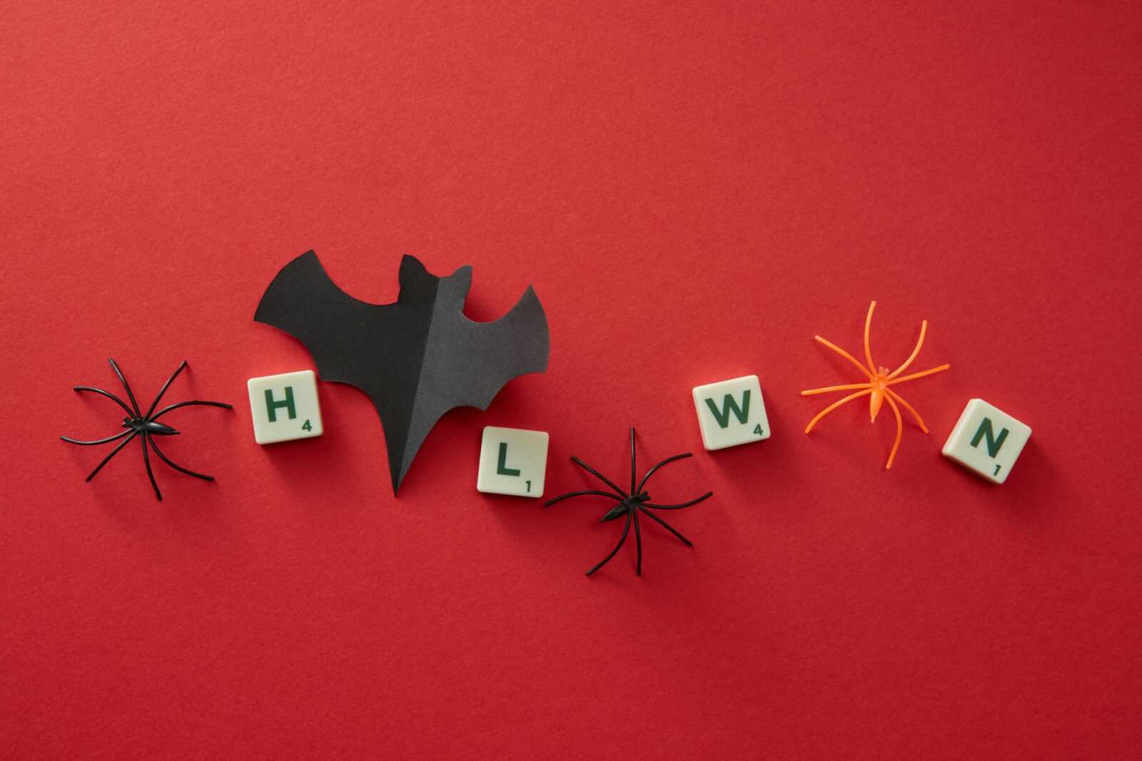 Festive Halloween flat lay with toy spiders, letters, and bat cutout on red background.