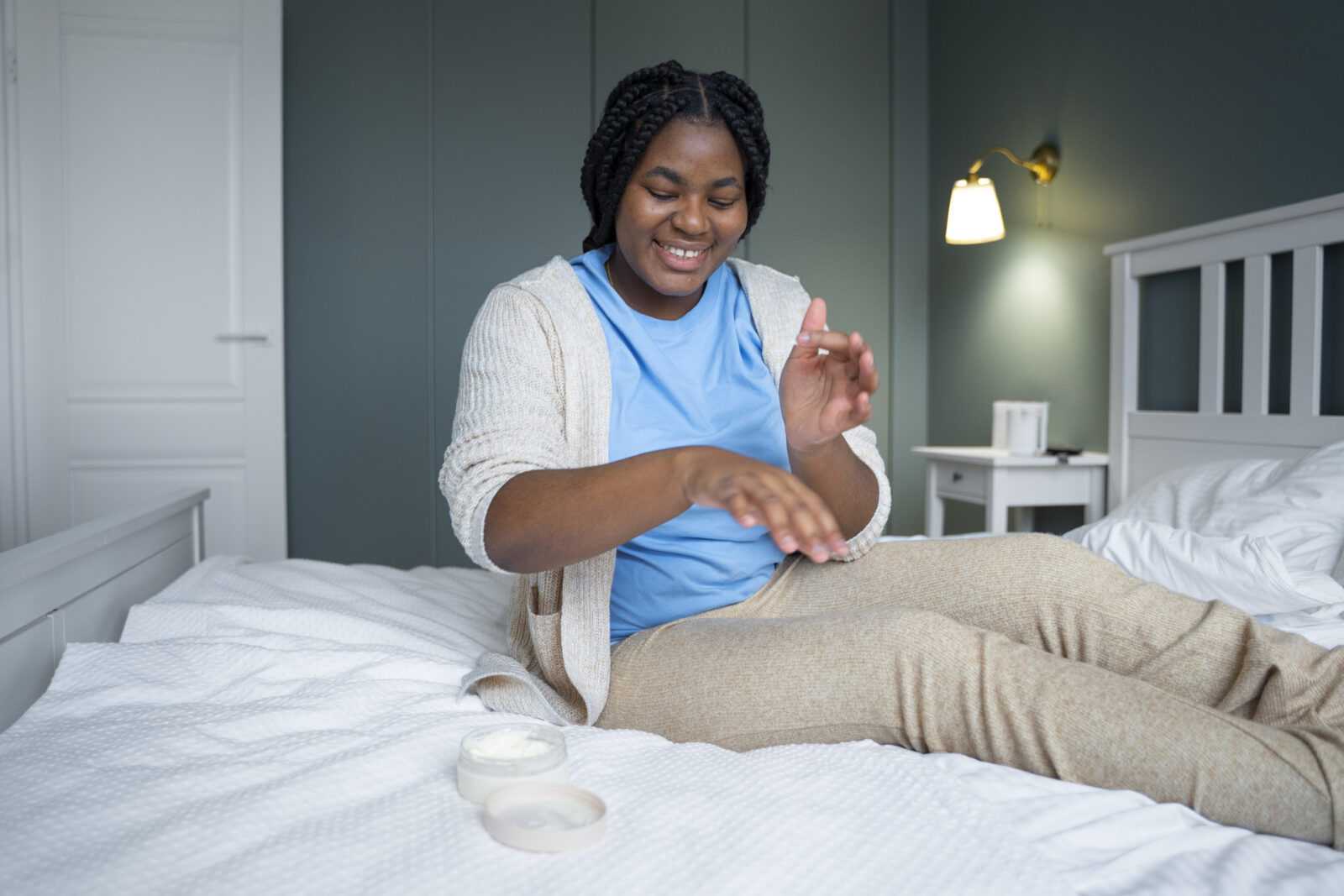 woman laying bed side view